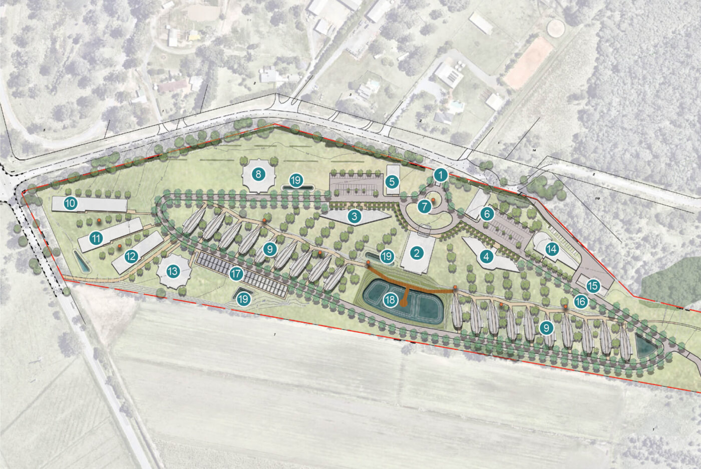 Conceptual design of proposed Heaven on Earth siteplan including legend of landmarks.